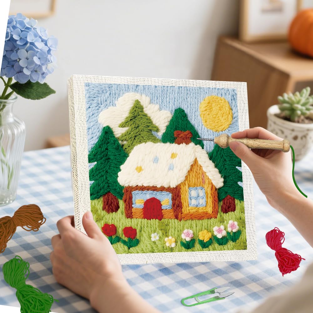 Forest House Stanznadel-Set für Erwachsene Anfänger, komplettes Bastelset mit Nadel, Rahmen, Garn und Muster, Erstellen Sie Wandbehang, Weihnachtswandkunstherstellung, 23,9 x 23,9 cm
