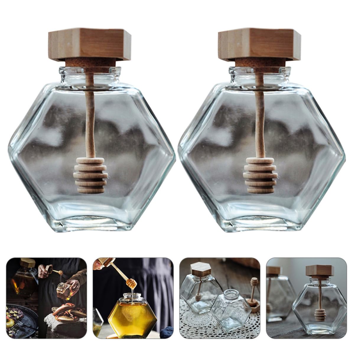 Tarro de miel de vidrio con varilla en espiral y tapa protectora de madera
