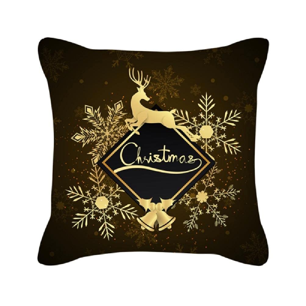 Tkdncbec Merry Christmas Black Gold Throw Pillow Case Holiday Snowflakes Reindeer Letters Print Decorative Square Cushion Cover pillow case covers zip cotton