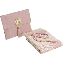 Prien Muslim Prayer Rug with Tasbih and Portable Bag, Muslim Gift for Women Men, Mubarak Islamic Box, Soft Mat Islam Gifts Set, Turkish Sajadah for Ramadan, Eid, Hajj, Travel, Pray (Powder Pink)