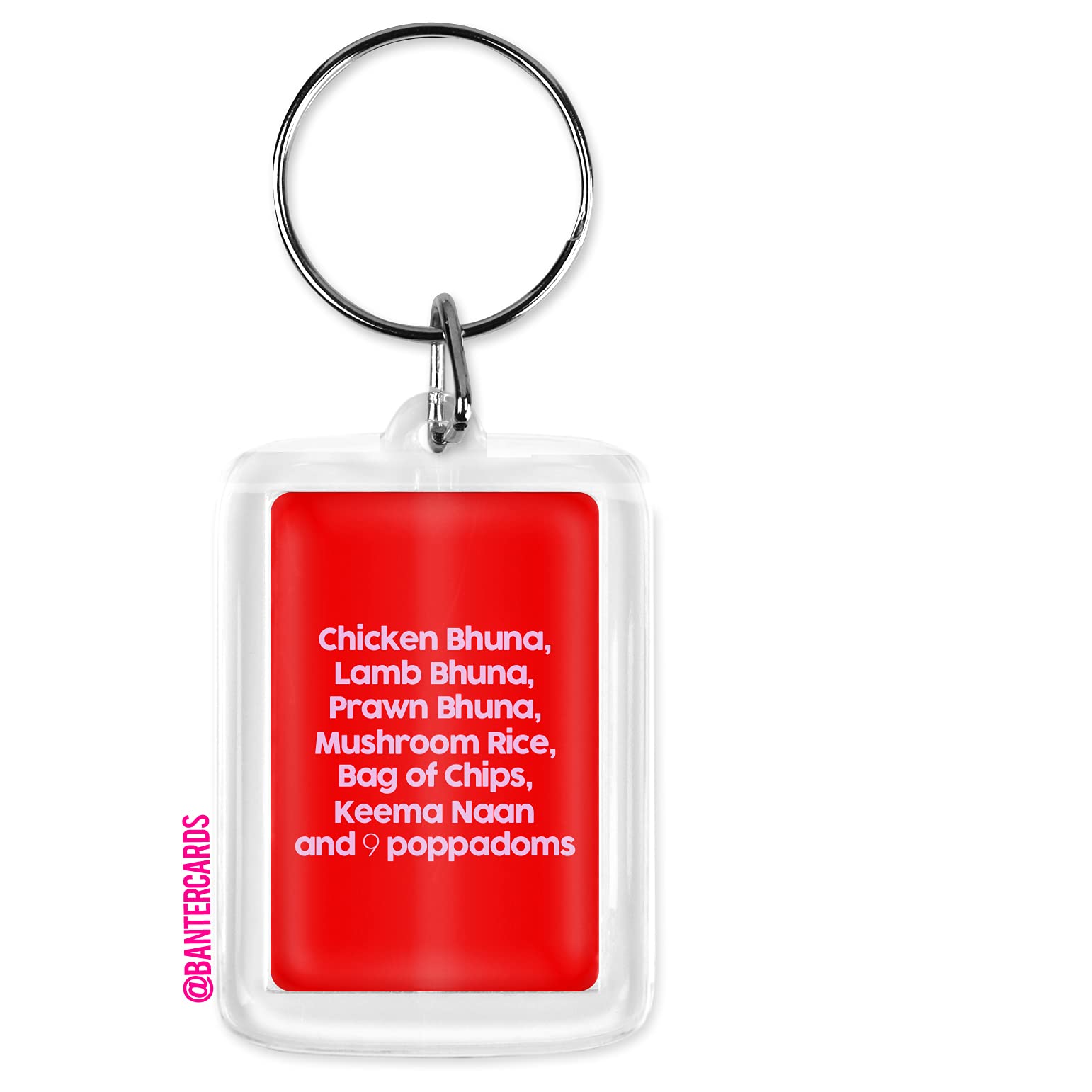 Banter Cards Unisex White Smithy Chicken Bhuna Order Keying - Red - Gavin And Stacey - Gavin And Stacey - Gavin And Stacey Keyring - Gavin And Stacey Gifts - Funny Gavin And Stacey Gifts - Smithy Gavin And Stacey