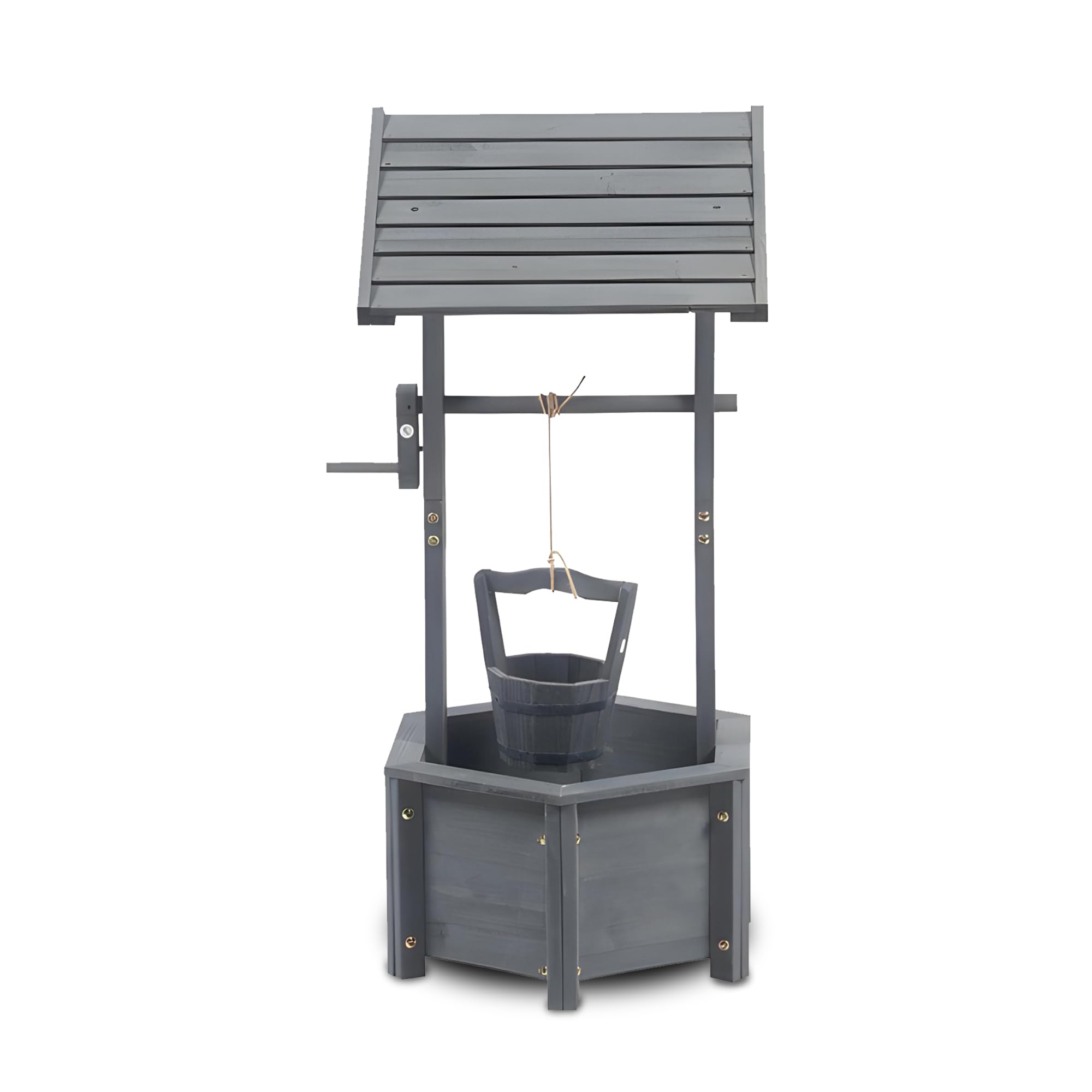 PaMeer Wooden Wishing Well Planter - Patio Decor for Garden Ornaments & Outdoor Plant Display, Patio Planter, Wishing Well with Hanging Bucket, Outdoor Flower ornament (Grey)