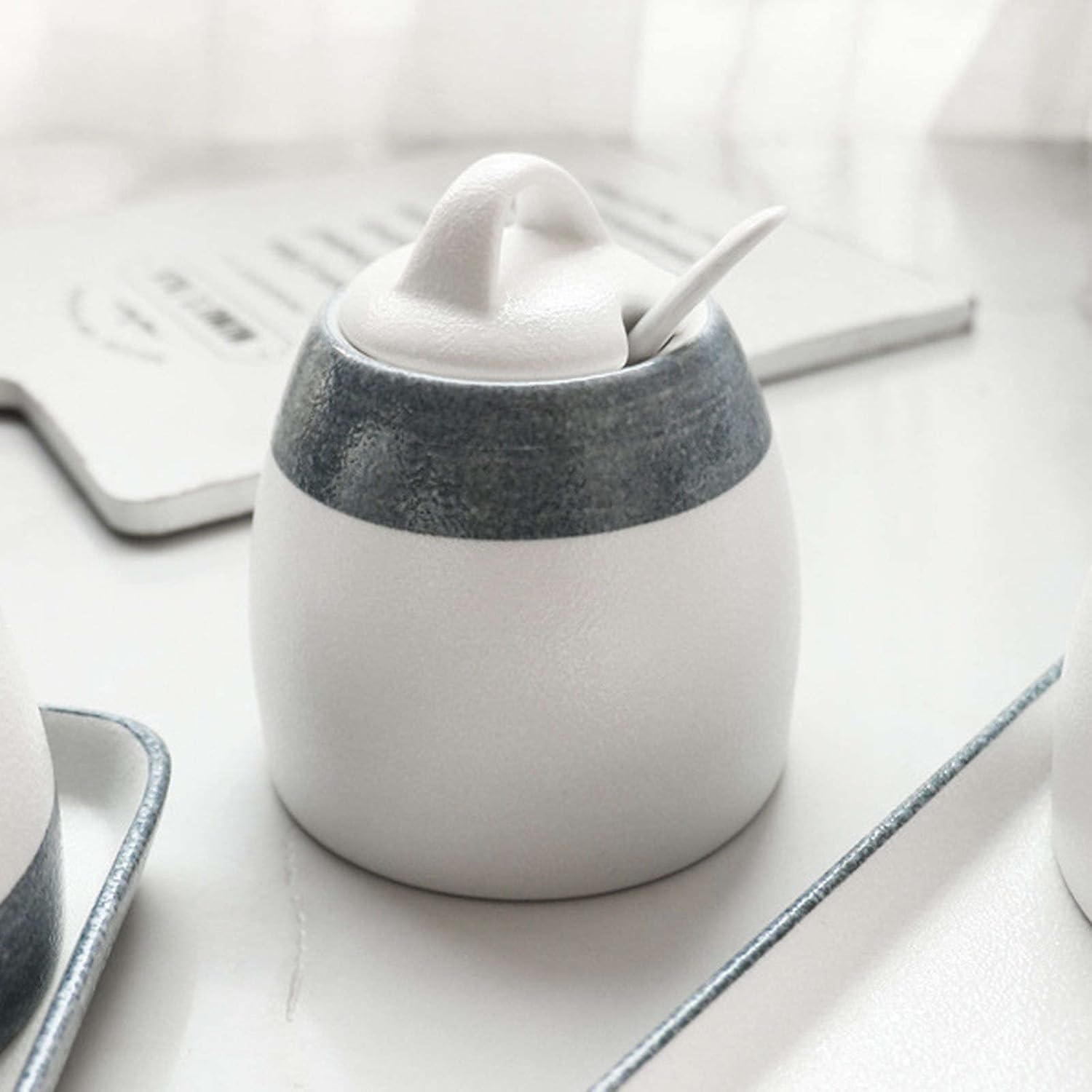 Sugar Bowl ,sugar pot, Sugar Bowl with Lid , Japanese Sugar Bowl with Lid, Ceramic Sugar Pot, Zephyr Coffee Accessories, Sugar Pourer, Kitchen Storage-Blue and White B-3 Set (Color : Blue and White B,