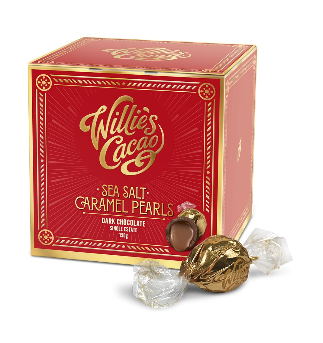 Willie’s Cacao - Dark Chocolate Salted Caramel Pearls 150g – Gift box of 20 individually wrapped pearls filled with molten sea salt caramel – 100% natural – Craft made