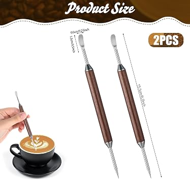 2pcs Latte Art Pen, Double-Ended Stainless Steel Barista Tools with Black Wood Handle, Professional Coffee Art Pen for Home Cafe Espresso Designs, Barista Accessories