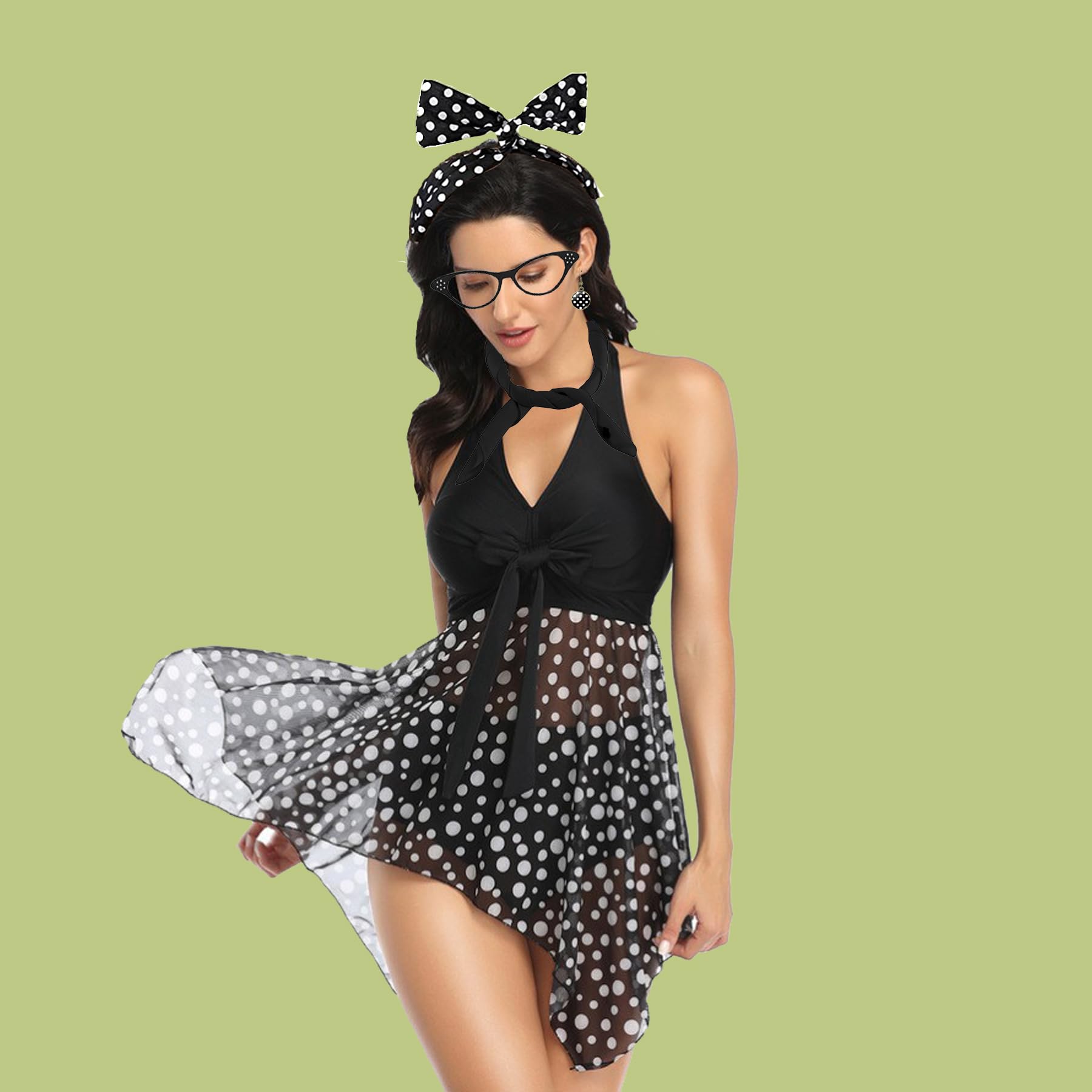 BAIYSFFG 50s Costume Accessories for Women 1950s Fancy Dress Kit Cat Eye Glasses Polka Dot Bandana Tie Headband Earrings Ladies Grease Fancy Dress for Women Ladies 1950s Retro Party Decor (Black) - Image 3