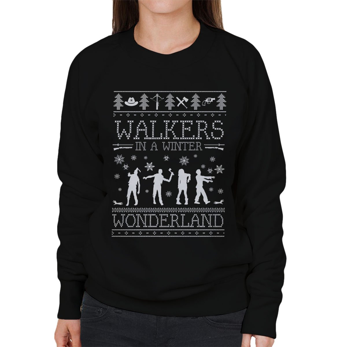 Cloud City 7 Women's Black Walkers In A Winter Wonderland Christmas Knit Sweatshirt
