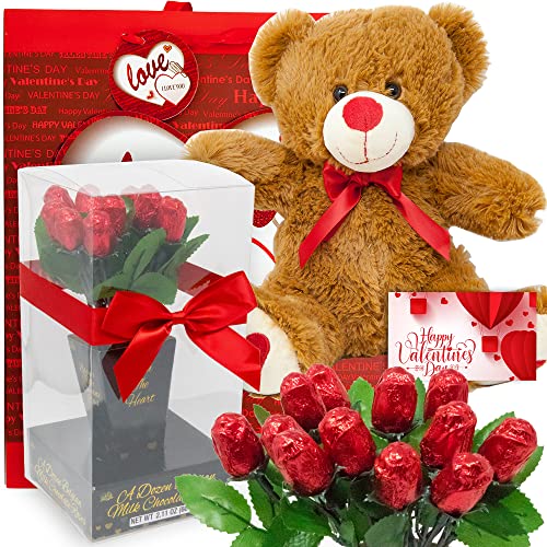 Valentine's Day Gift Basket | Teddy Bear Plush 11 Inches, Dozen Belgian Milk Chocolate Flower Roses Bouquet, Gift Bag & Card | For Her Wife Girlfriend Mother Daughter (Love) #TOP7