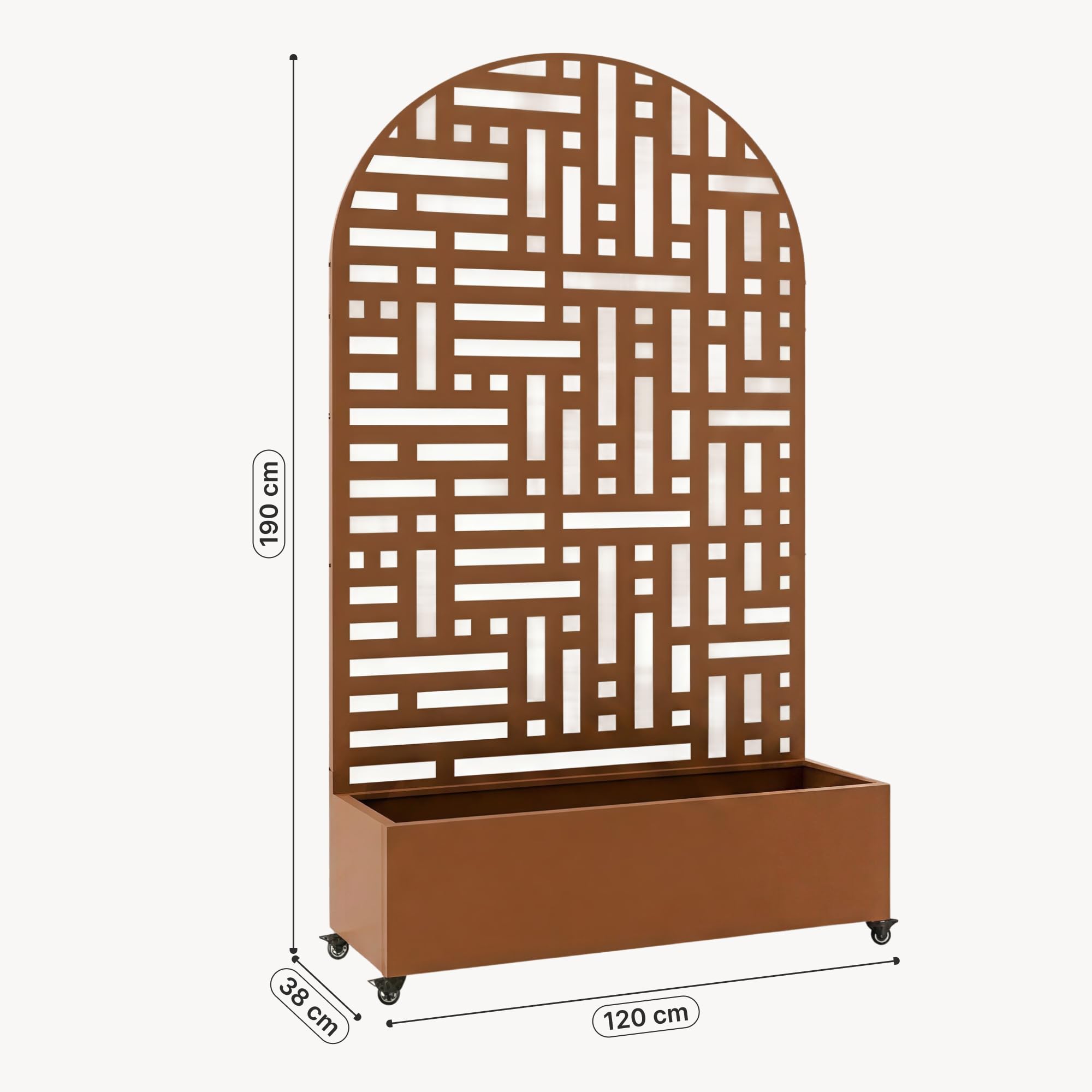 casa.pro Fioriera con Spalliera Arcuata in Acciaio 190x120x38 cm Marrone | Zincato Pannello Divisorio Decorativo Portapiante a Rotelle Separè Privacy Ruote da Interno Esterno Giardino Terrazza