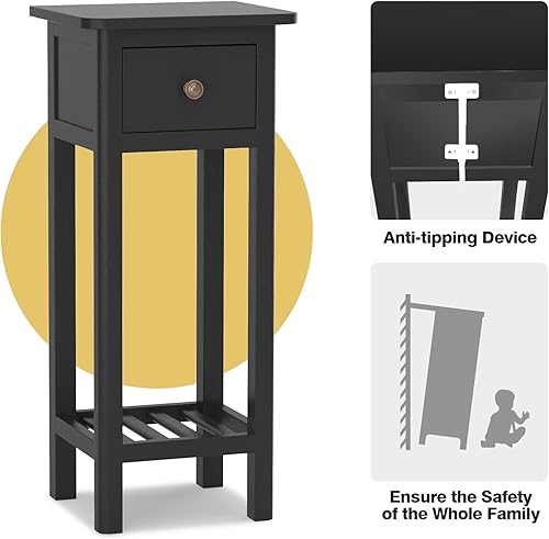 Miniatura 4 de GORELAX Mesa auxiliar estrecha, mesita de noche alta con cajón y estante, mesita de noche pequeña delgada con dispositivo antivuelco, sin montaje,