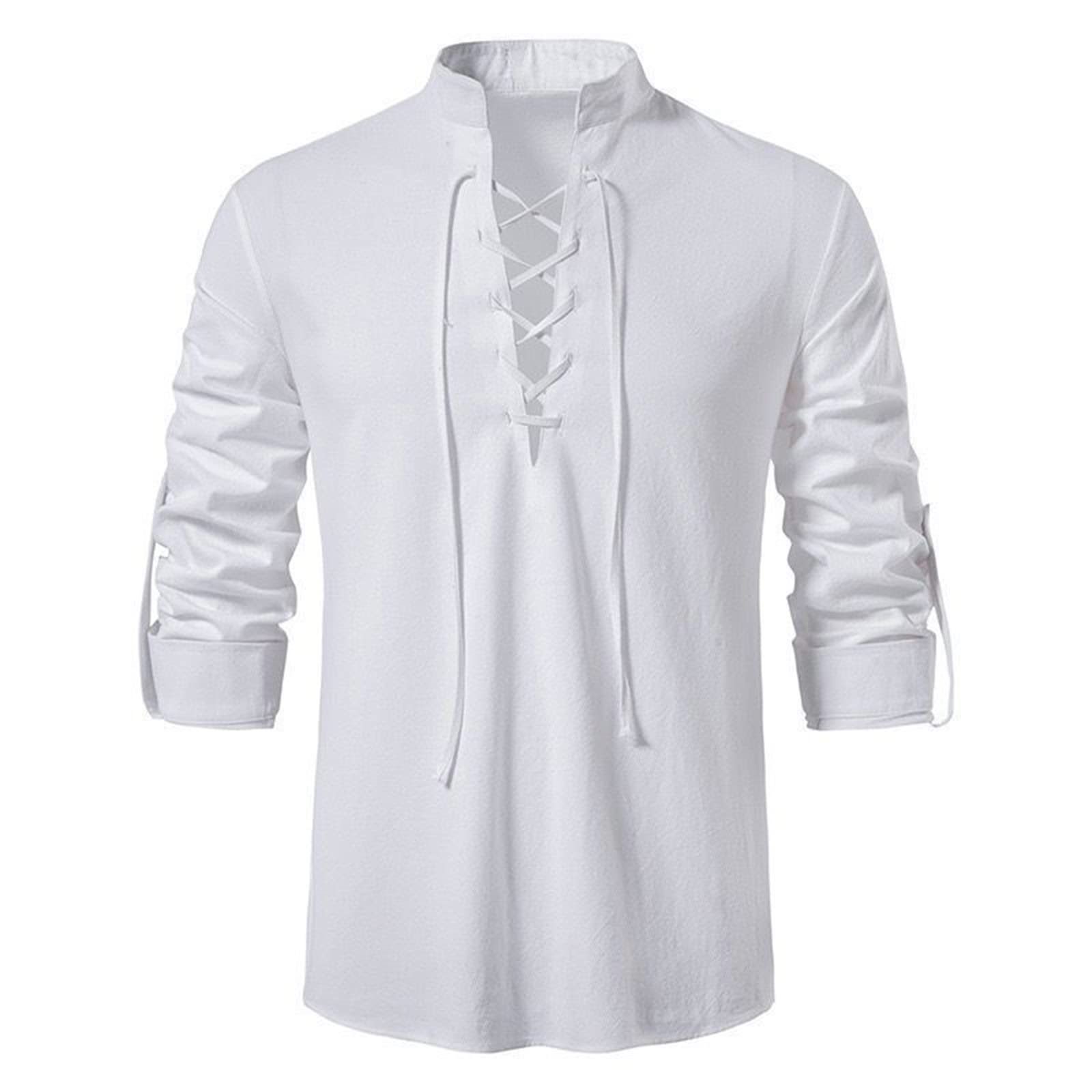 NIBESSER Camisa Medieval Hombre Camisa Lino Hombre Manga Larga Camisa Verano Hombre con Cuello Mao Retro Camisas Elegante Casual con Cordón Transpirable para Piratas Hippie