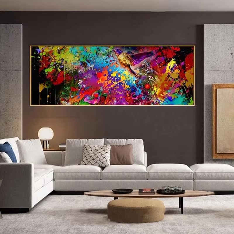 Affiche abstraite colorée pour habiller un grand mur de salon vide 45x135 cm poster oiseaux