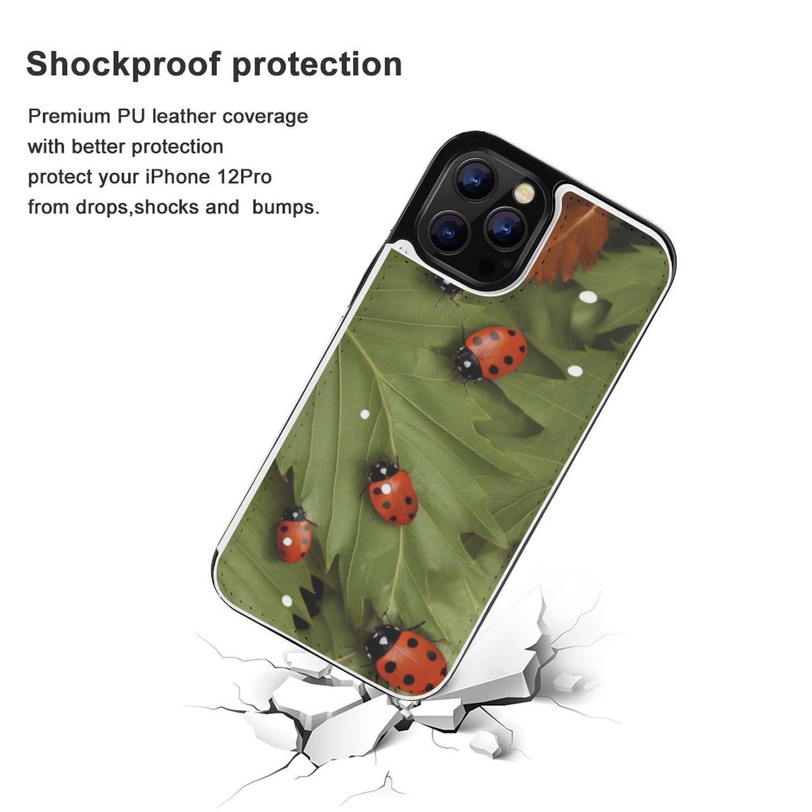 Fundas tipo cartera para iPhone 12 Pro, estampado de hojas y mariquitas, funda de piel con ranuras para tarjetas