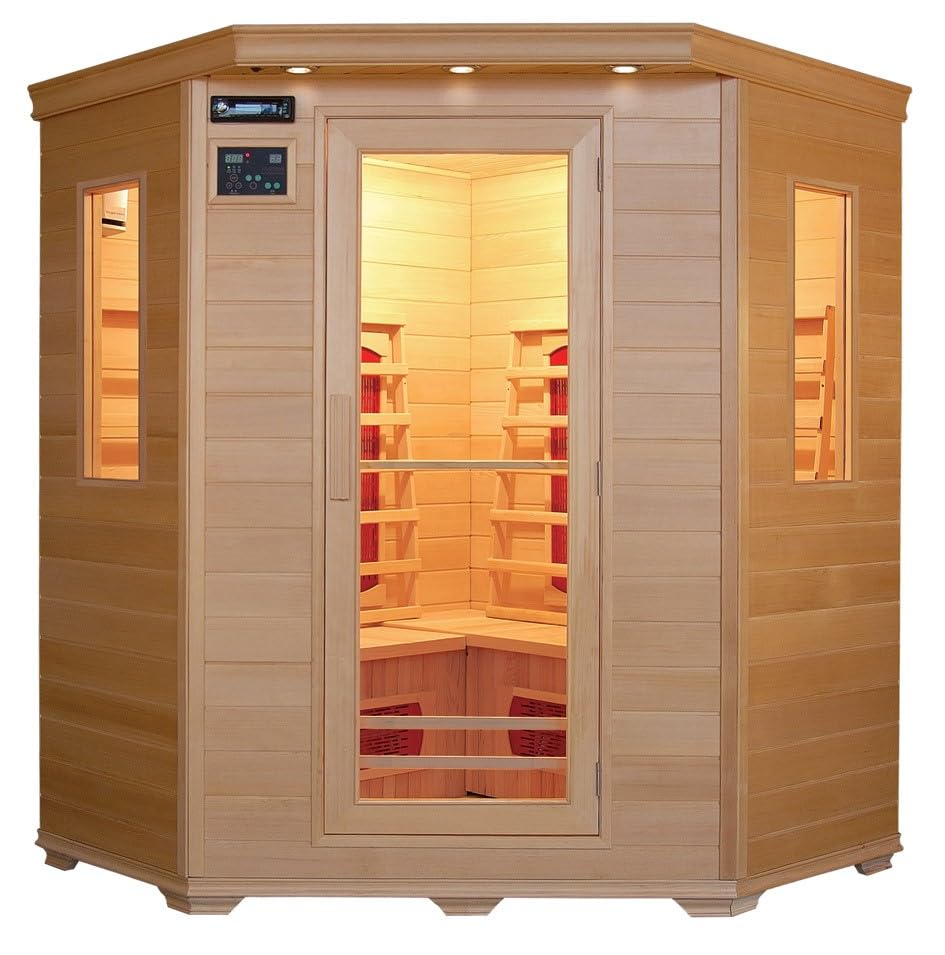 Cabina de infrarrojos Trondheim Alpha para 4 personas – Madera cicuta, 8 focos de cerámica, terapia de color, sistema de sonido Bluetooth, aromaterapia, desinfección de ozono, control digital, ahorro