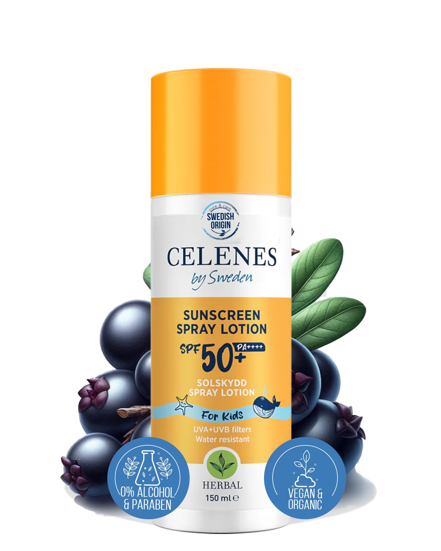 Celenes by Sweden Spray Solar SPF50 para Niños - Protección Mineral, Fórmula Herbal para Piel Sensible, Resistente al Agua, Sin Perfume, Parabenos ni Alcohol, 150ml