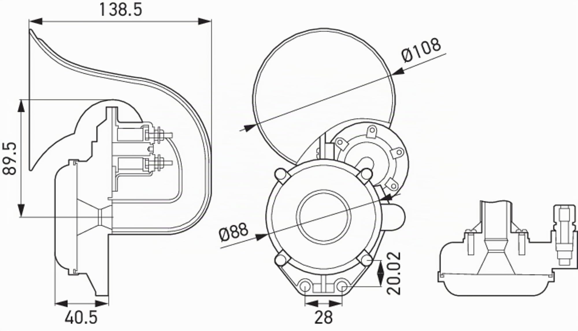 HELLA Tromba CA20 - 115dB(A) - Gamma frequenze: 400Hz - Tono alto - elettrico-pneumatico - ECE - Colore alloggiamento/sede: nero - Quantità: 1 - 3PA 013 410-041