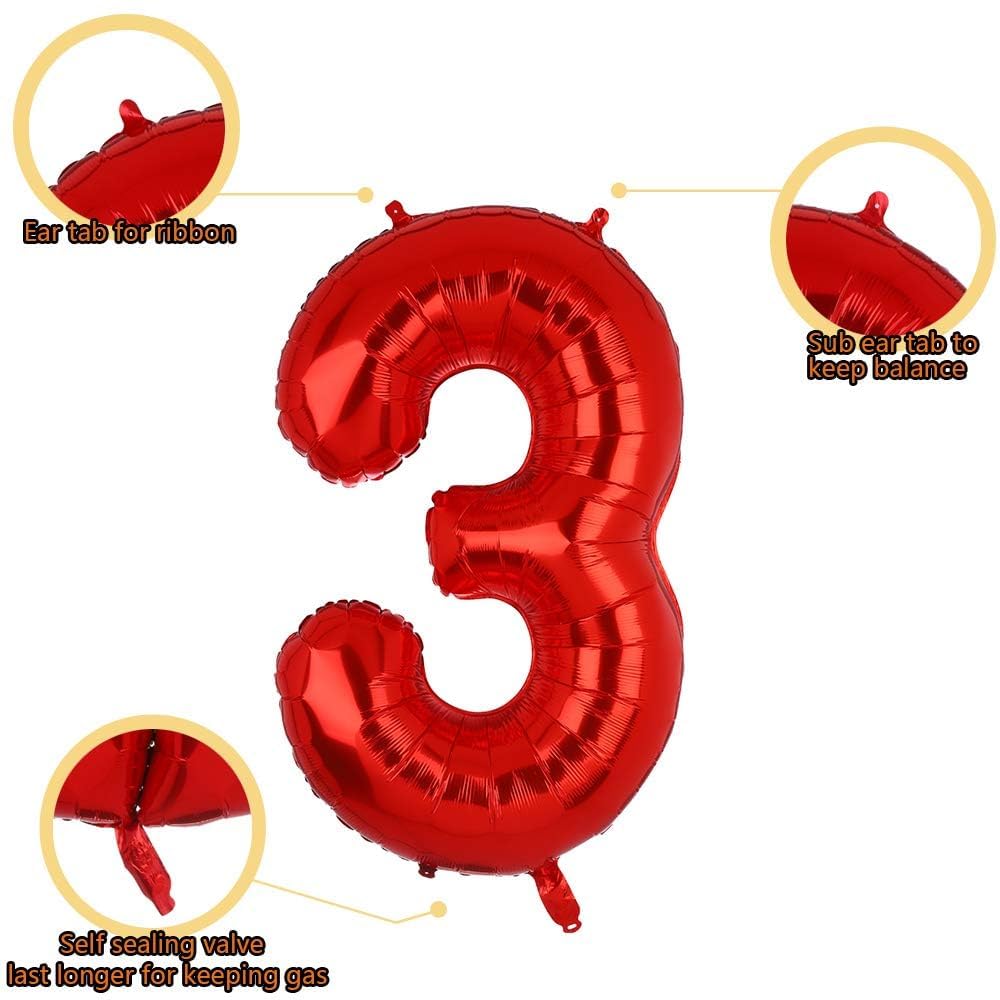 Palloncino Numero 3 Foil Gigante (83cm) Rosso - Per Compleanni, Anniversari, Gonfiabile Ad Aria O Elio - Foto 2