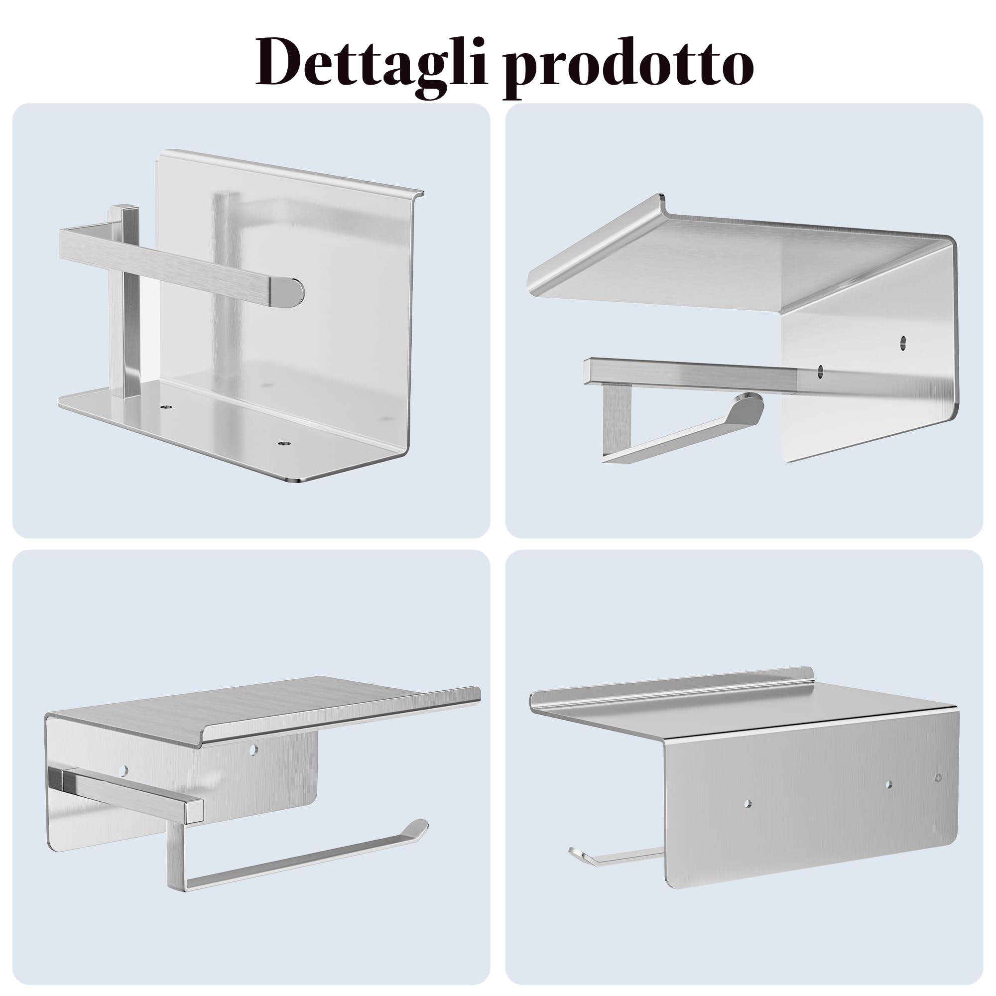 susswiff Portarotolo per carta igienica con ripiano, cromato, porta rotolo di carta igienica, autoadesivo, senza foratura, per bagno, in acciaio inox, argento