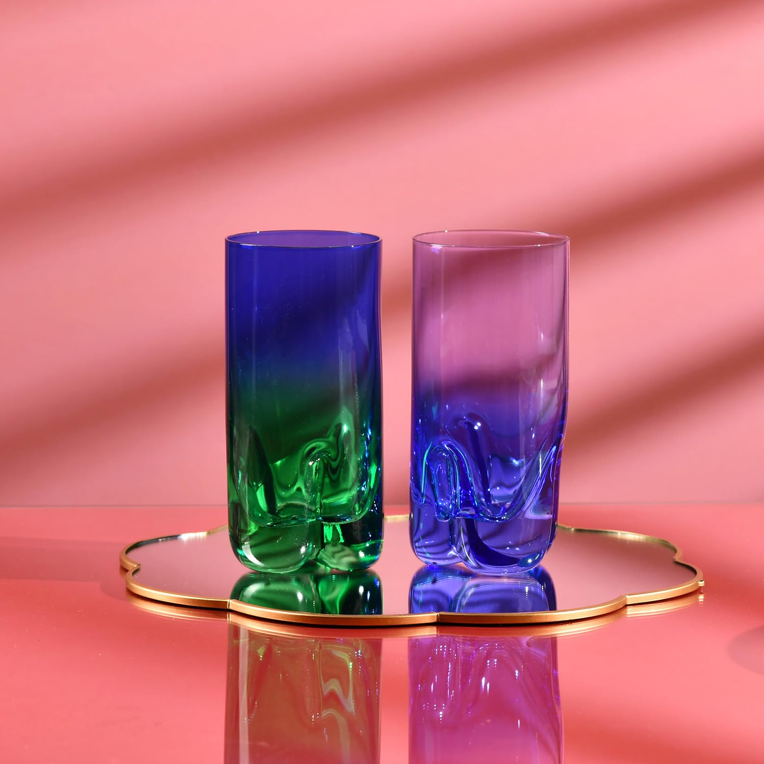 Krosno – Bicchieri per drink, acqua e succo 300 ml, set da 4 pezzi – Collezione Aurora – Dipinti a mano – Cristallo senza piombo – Ideali come regalo – Viola-Blu scuro e Verde-Blu scuro