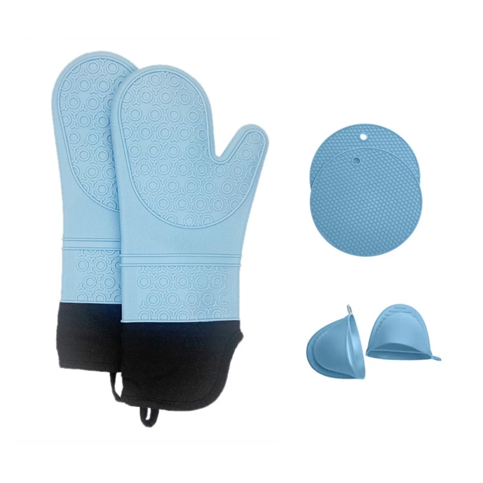 Genérico Juego de Guantes de Horno 6 pcs, Compatible con LMETJMA, KC0419 | Set de silicona con guantes extra largos, agarraderas y bases térmicas para hornear, cocinar y BBQ(Blue)