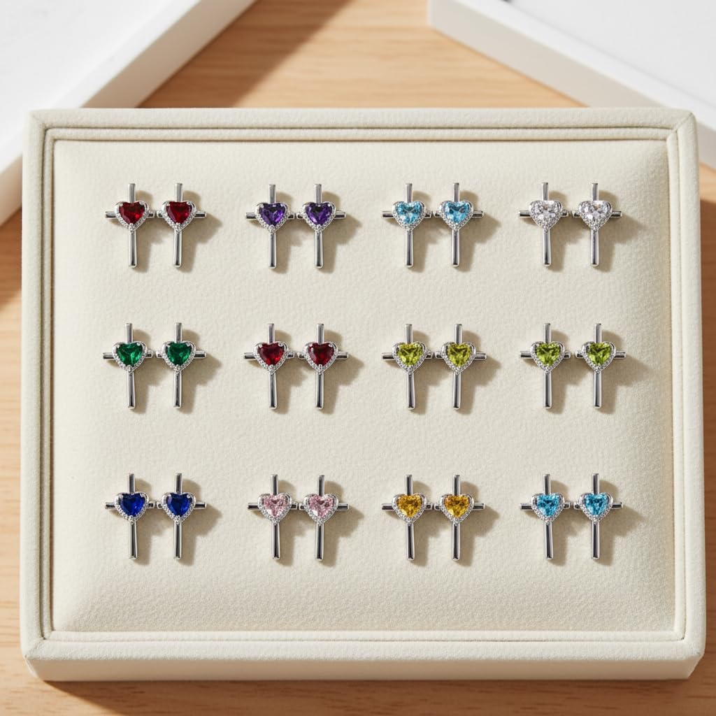 Prismata Cross Birthstone Earrings Studs 925 Sterling Silver Cross Studs Earrings with 12 Months Birthstone Earrings Christian Jewelry Gifts for Women Mom Her
