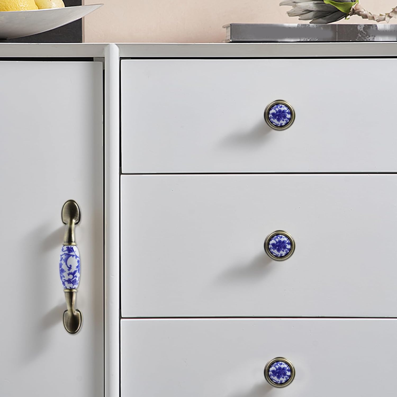 MY MIRONEY Blue and White Porcelain Ceramic Pulls and knobs Chinese-style Handles,Suitable for Cabinets, Drawers, Wardrobes, Screws Included,3" Hole Centers 4 PCS & 1.26" Single-hole Round 4 PCS