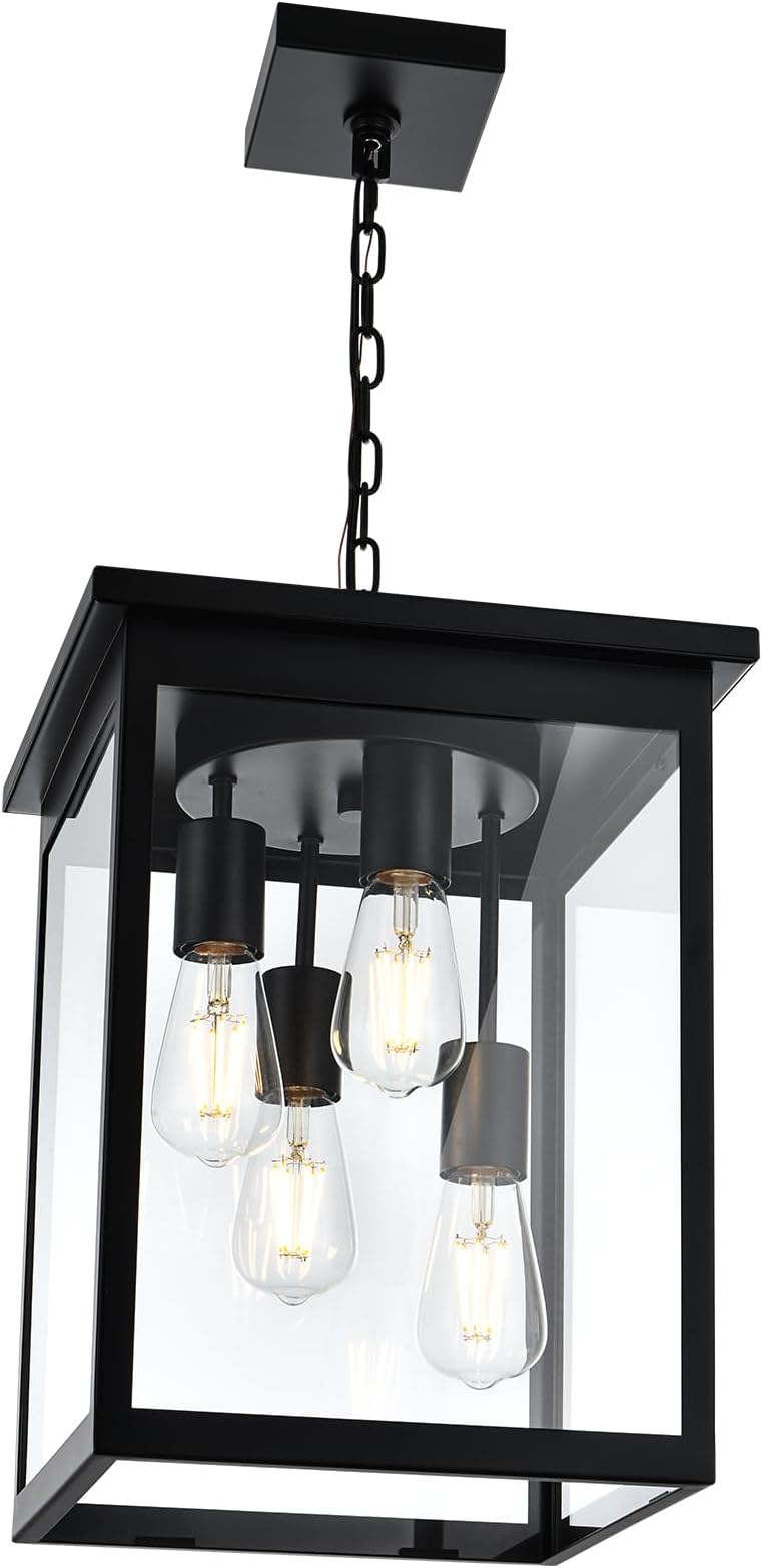 Large Outdoor Pendant Light Fixtures, 4-Lights Black Exterior Ceiling Hanging Lanterns with Clear Glass, Farmhouse Outdoor Chandelier for Front Door Entry Patio