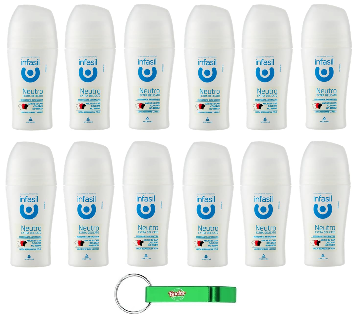 12 x Infasil Deo Roll-On neutral extra sanft, ohne Aluminiumsalze, Fleckenschutz, Deodorant 50 ml + Schlüsselanhänger Beni Culinari gratis