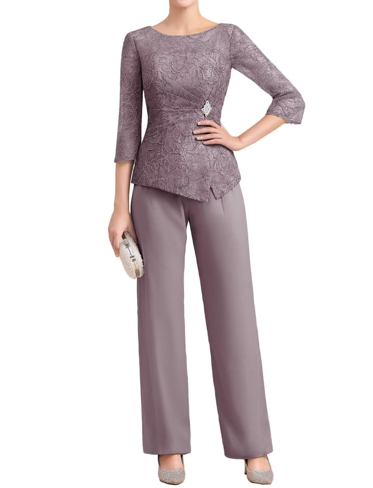 2 Pieces Mother of The Bride Groom Dresses Pant Suits for Women Dressy Wedding Guest Chiffon Lace Formal