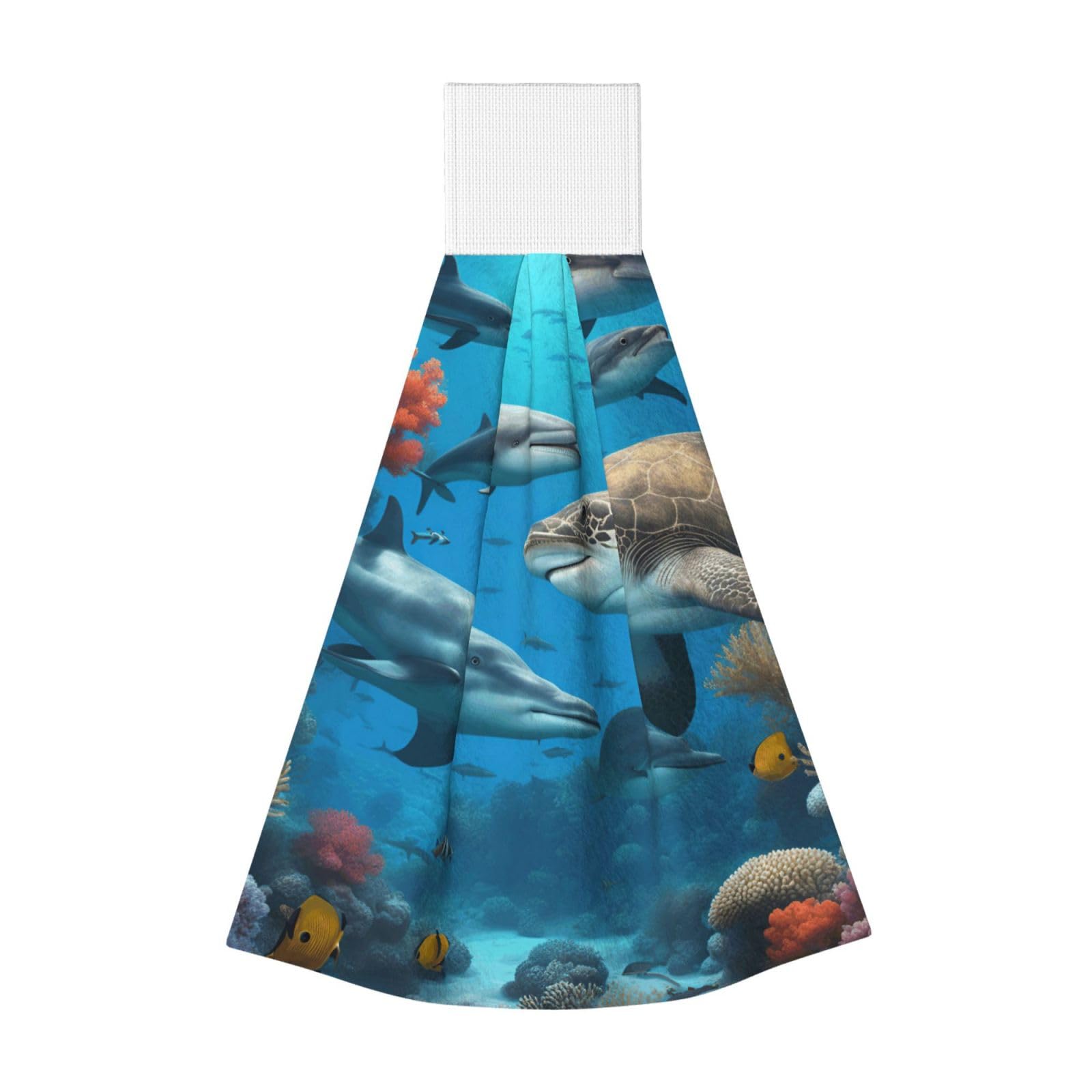 DUWAA Dolphins Sea Turtle Shark Octopus Coral Reef Print Hanging Hand Towel Quick Dry Bathroom Towel Soft Kitchen Towel
