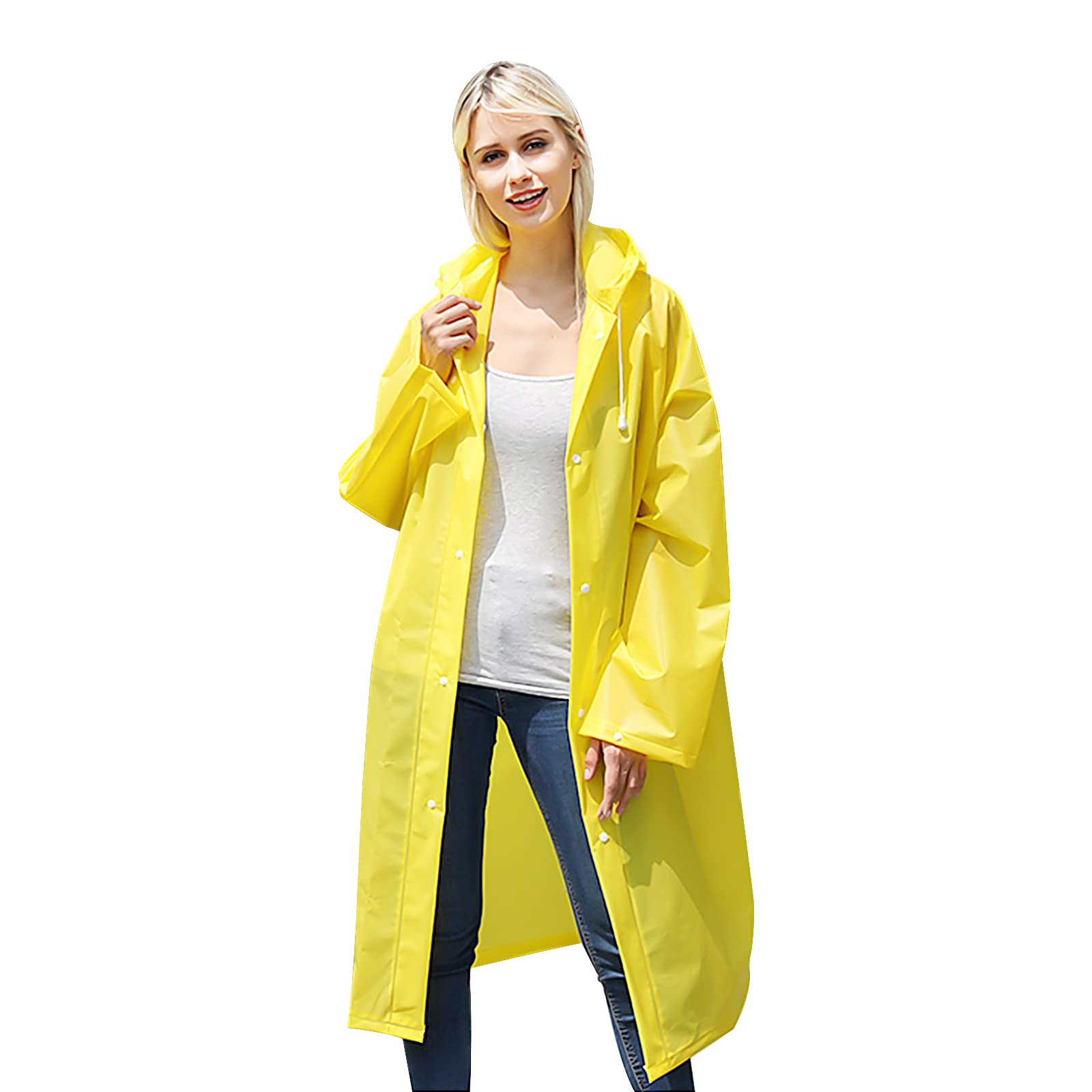 Catime Women's Yellow Raincoat For Adults, Waterproof Large Rain Poncho, Resuable Rain Coat Jacket, Drawstring Rain Cape Rainwear With Button, Eva Ponchos For Men Hiking Cycling Camping (Yellow)