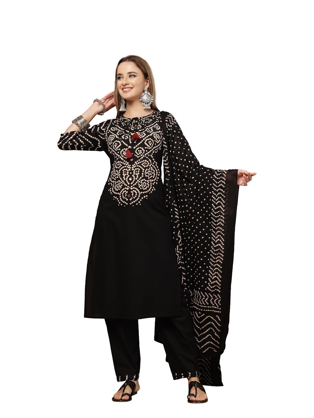 stylum Women's Bandhej Printed & Embroidered Cotton straight Kurta Pant Dupatta Set-picture-32