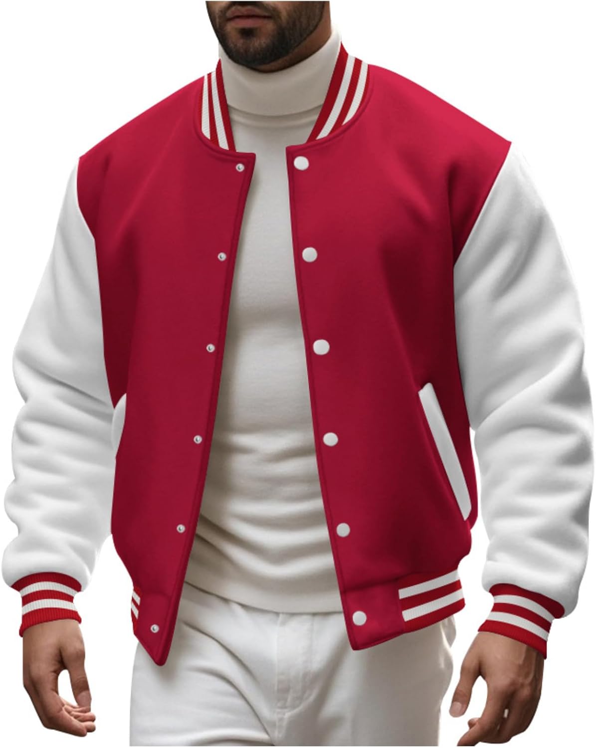 LIZALIG Men's Classic Wool Blend Baseball Jacket with Genuine Leather Sleeves Varsity Letterman Style​