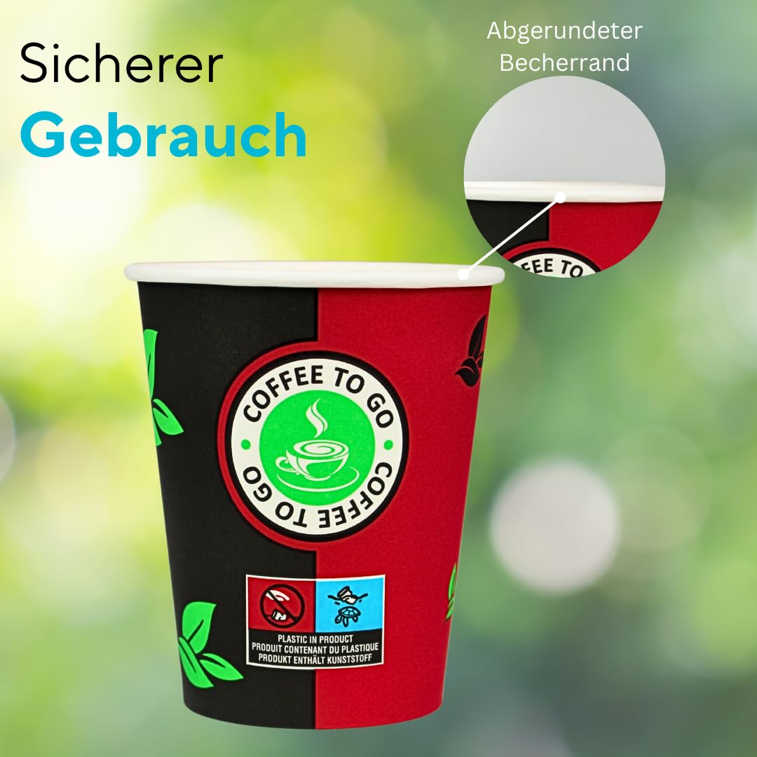 Enpack 1000 Schwarz/Rote Pappbecher 200 ml aus Kraftpapier - Kaffeebecher to go zum servieren von Tee, Kaffee, Glühwein oder anderen Getränken - Coffee To Go Becher