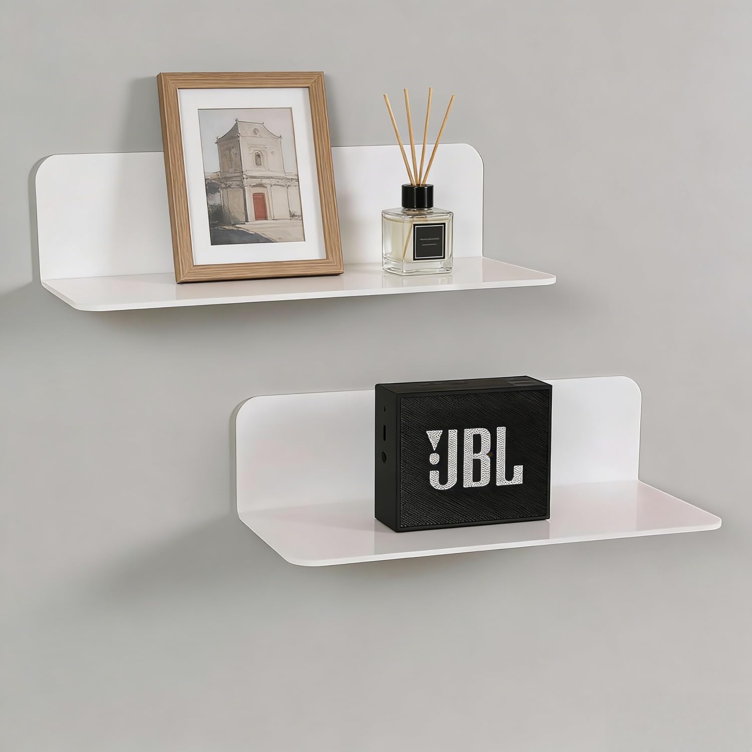 GJFWQC 2 Pcs White Acrylic Floating Wall Shelves, No Drill