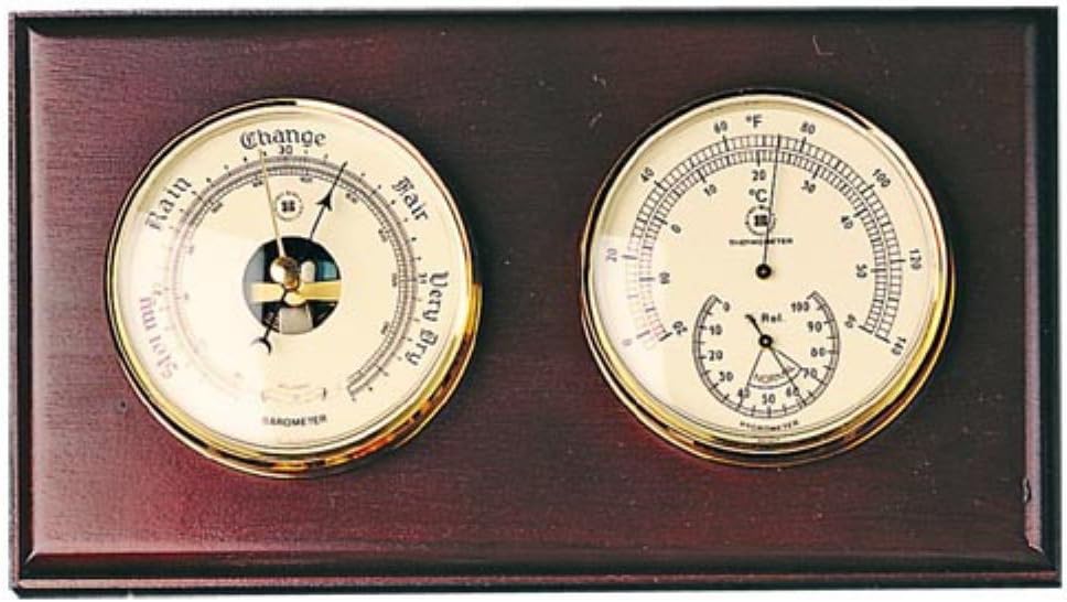 Bey-Berk Barometer and Thermometer with Hygrometer on Oak Wood with Brass Bezel. Wall Mounts Vertically or Horizontally.