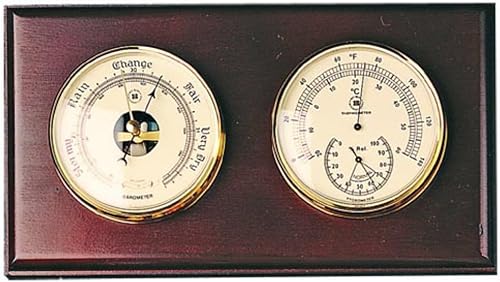 Bey-Berk WS111 Barómetro y Termómetro con Higrómetro en Madera de Roble con Bisel de Latón. Soportes de pared vertical u horizontalmente, Marrón