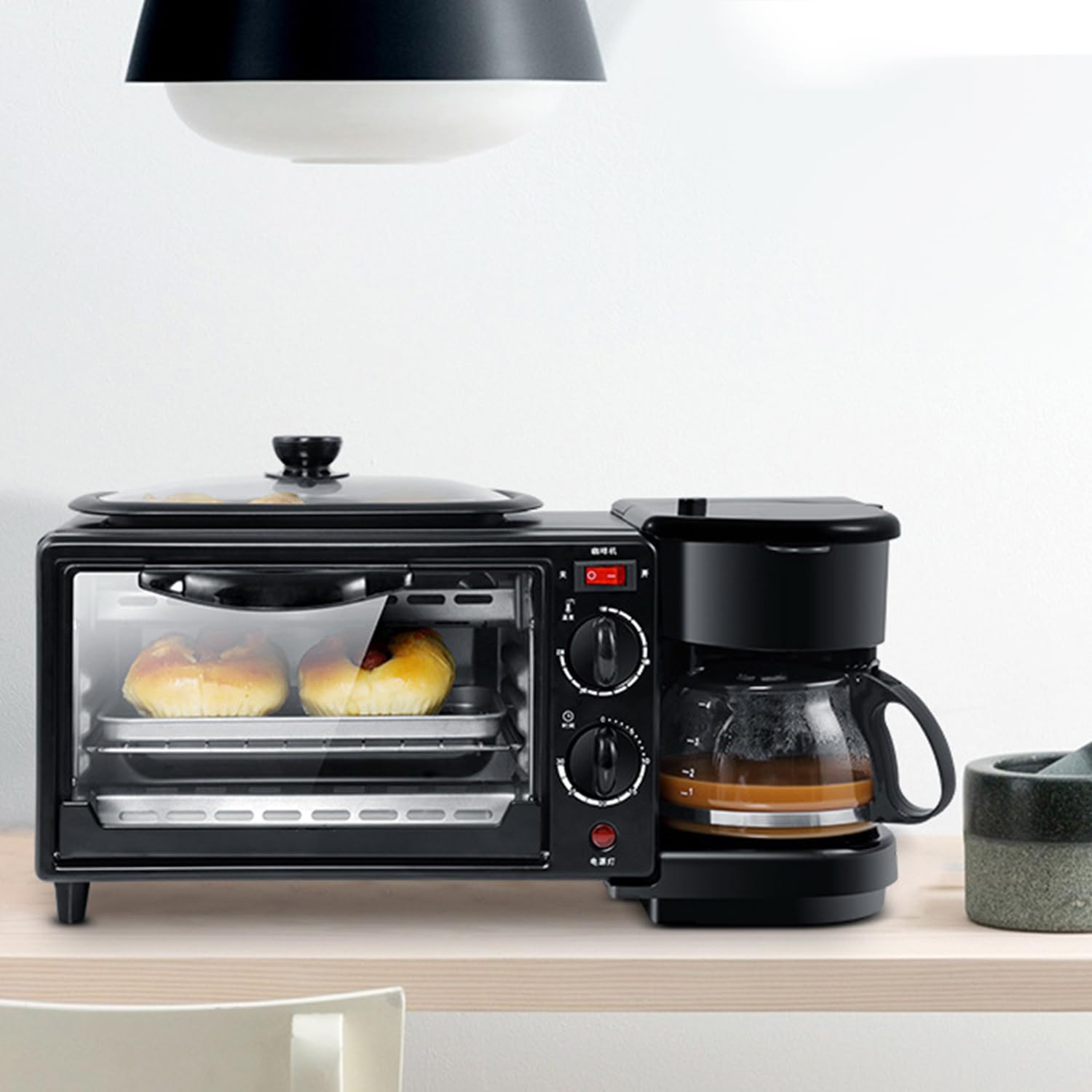Multifunktions-Frühstückszubereiter 3-in-1, Elektrisch – Bratpfanne, Mini-Ofen & Kaffeemaschine, Antihaft, 30-Minuten-Timer, 100–230°C, Ideal für Kuchen, Sandwiches, Steaks & Frühstück