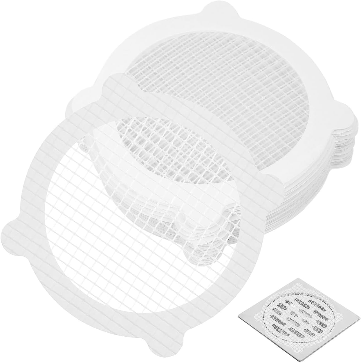 POPETPOP 50-Pack Disposable Shower Drain Hair Catcher Mesh Stickers 3.93In Round Adhesive Floor Drain Covers Hair Trap for Shower Easy Apply and Remove for Home Hotel Travel