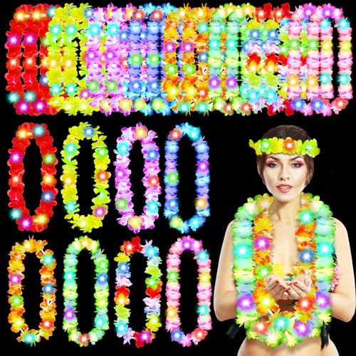 Giegxin 24 Pcs LED Hawaiian Lei Light up Flower Lei Tropical Glow Necklaces Lighted Lei Artificial Rainbow Lei for Kid Adult Hawaii Luau Themed Party Carnival Beach Wedding Masquerade (Multicolor)