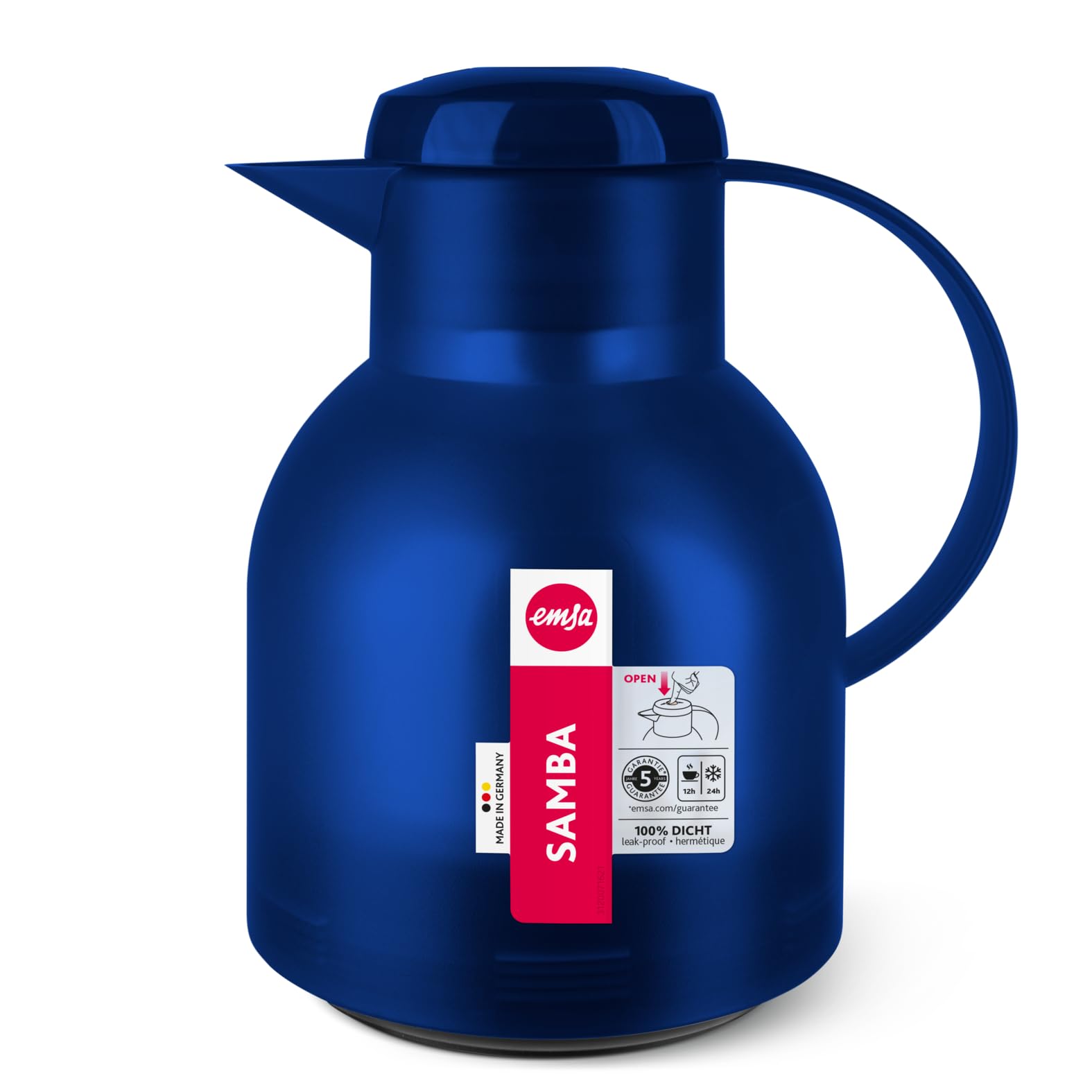 Emsa Samba Isolierkanne 504231 | 1 Liter | Quick Press Verschluss | 100% dicht | 12h heiß, 24h kalt | Transluzent Blau