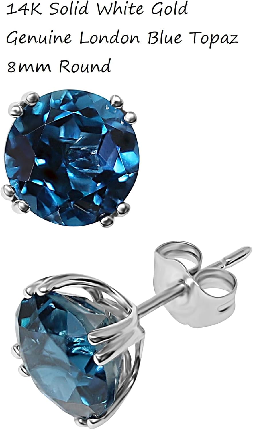 14K White Gold Genuine London Blue Topaz 8 mm Round Stud Earrings