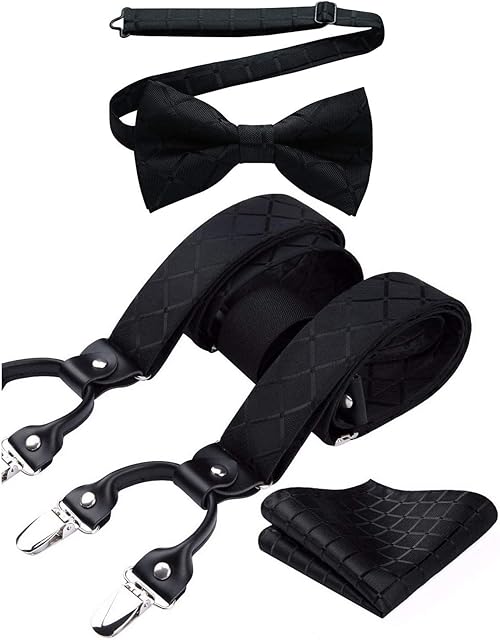 HISDERN Mens Braces Paisley Suspenders with 6 Strong Metal Clips Adjustable Y Shape Floral Braces Bowtie and Pocket Square Set