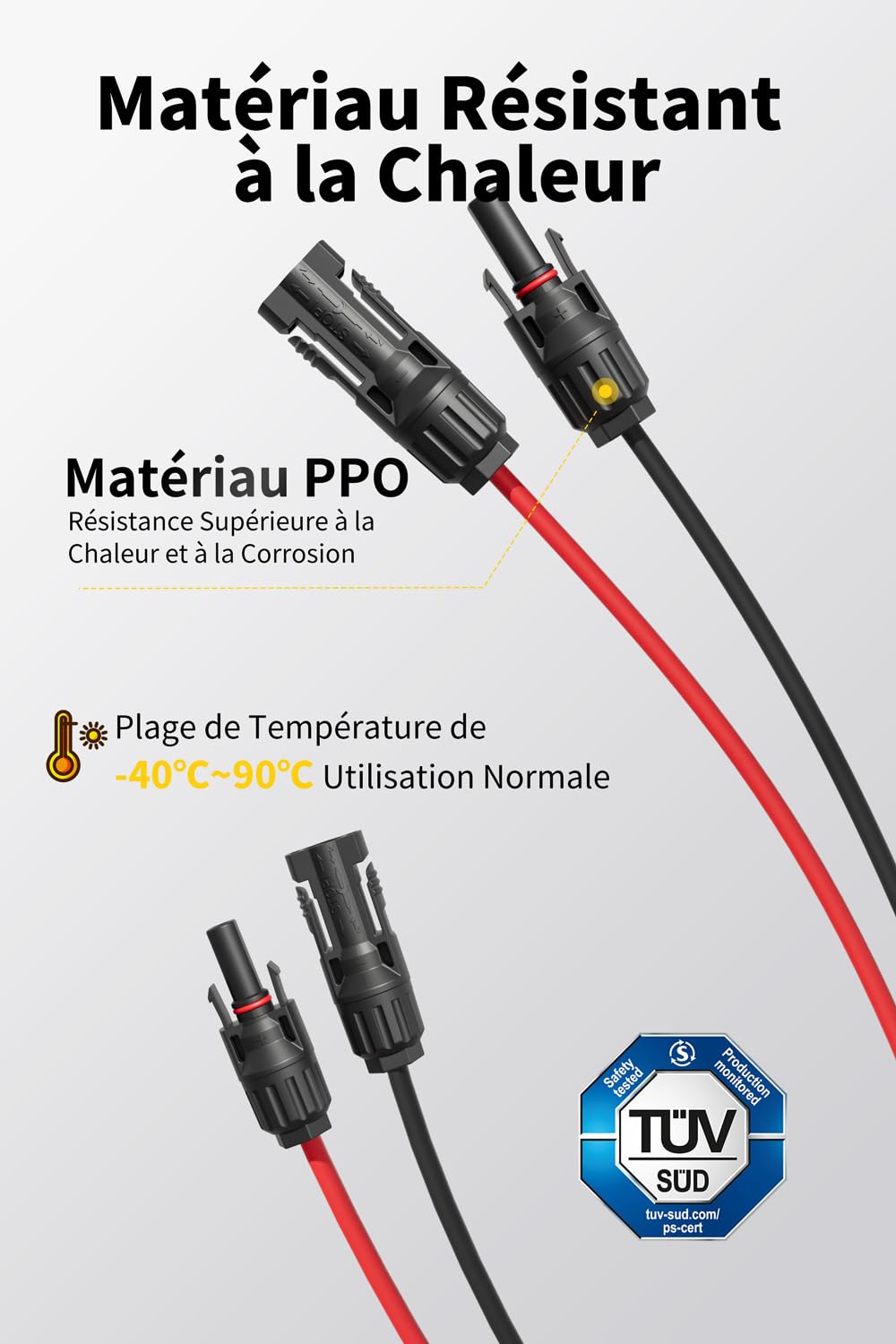 Câble Solaire 4mm²/6mm², Cable Panneau Solaire 1/2/3/5/8/10/12/15/18/20M, IP67 Étanche, Câble d'extension de Câble Solaire avec Connecteurs Mâles et Femelles pour Panneau Solaire(6mm² 5M)