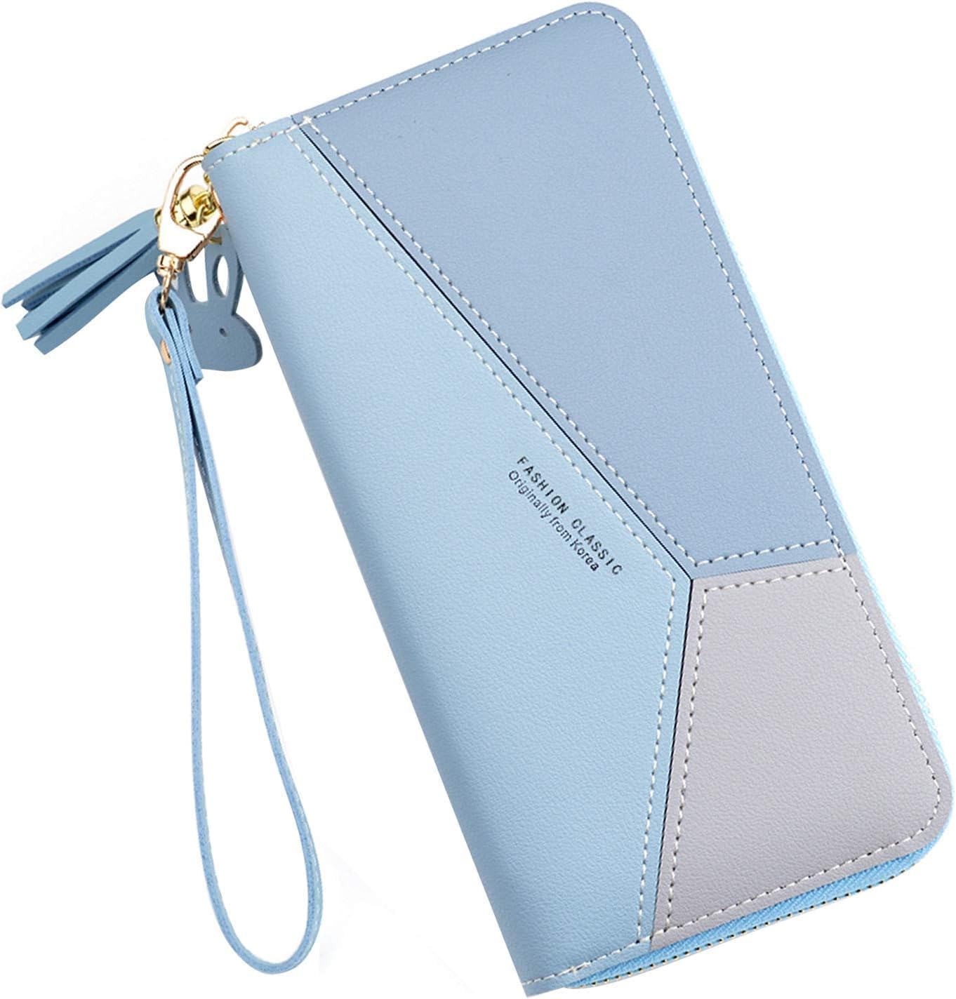Ladies Purse Wallet PU Leather Long Women Wallet Card Holder Organiser Wallet Wristlet Clutch Wallet with Zipper Pocket Coin Purse Phone Wallet with Tassel and Pendant Blue
