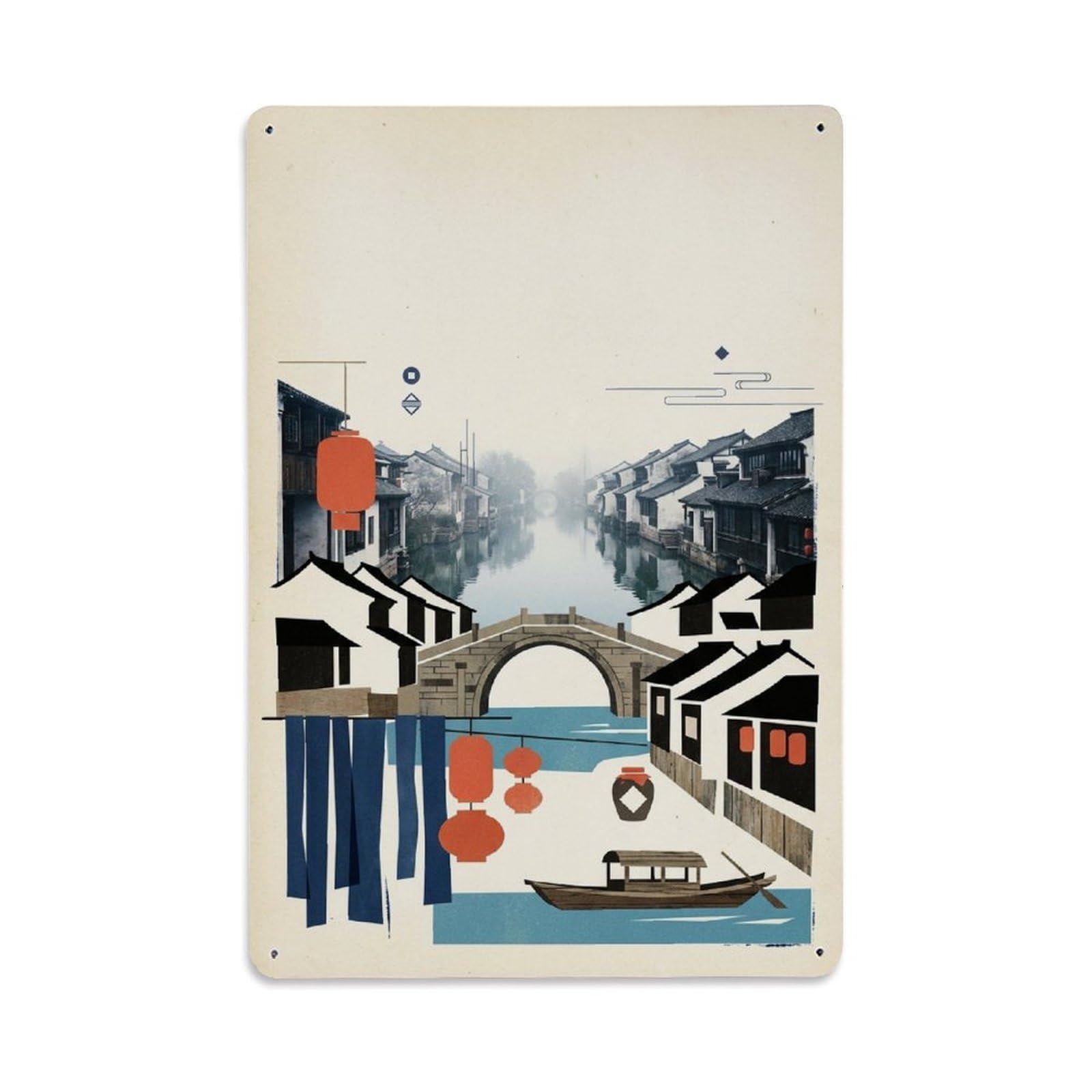 Okngb Style China Wuzhen Aesthetic Travel City Collage Cityscape Metal Tin Sign Plaque Wall Decor For Cafe, Man Cave, Club Bar, Office, Home Garden Round Metal Poster 8X12inch
