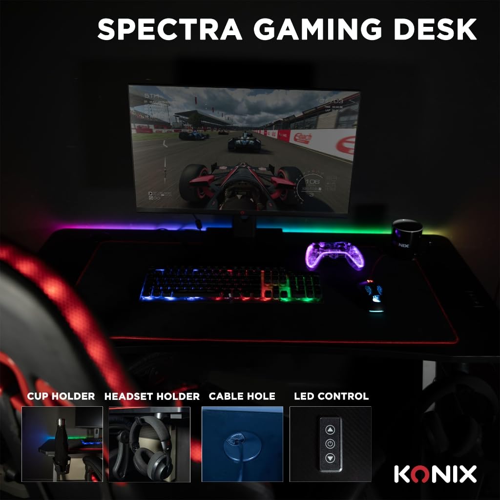 Konix Escritorio Gaming Spectra 120 x 60 x 75 cm en Forma de Z - 30 Modos luz LED - Estructura metál - Portavasos - Soporte para Auriculares - Negro