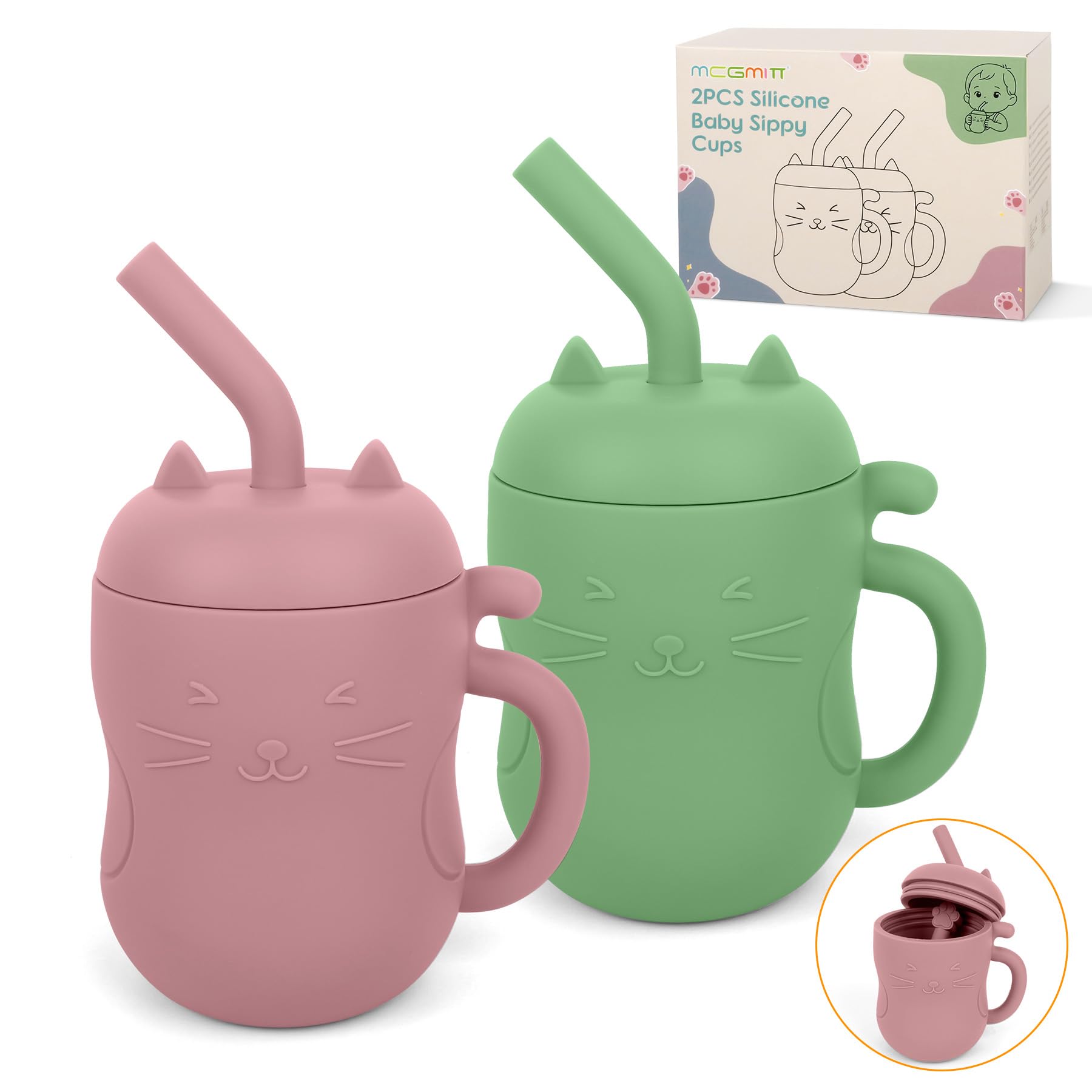 MCGMITT 2 Pack Silicone Baby Trainer Cups, 2-in-1 Sippy Cups with Straw & Open Cup, Leakproof Toddler Cups with Handle & Removable Lid, BPA Free Weaning Cups, 150 ml, 6+ Months