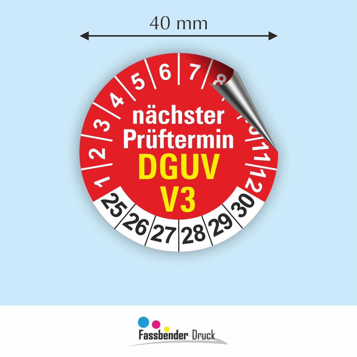 Produktbild von 30x Prüfplakette DGUV V3 – Ø 30 Mm, Selbstklebende PVC-Folie, UV-beständig, Wasserfest, Für Prüfungsnachweis – Made In Germany