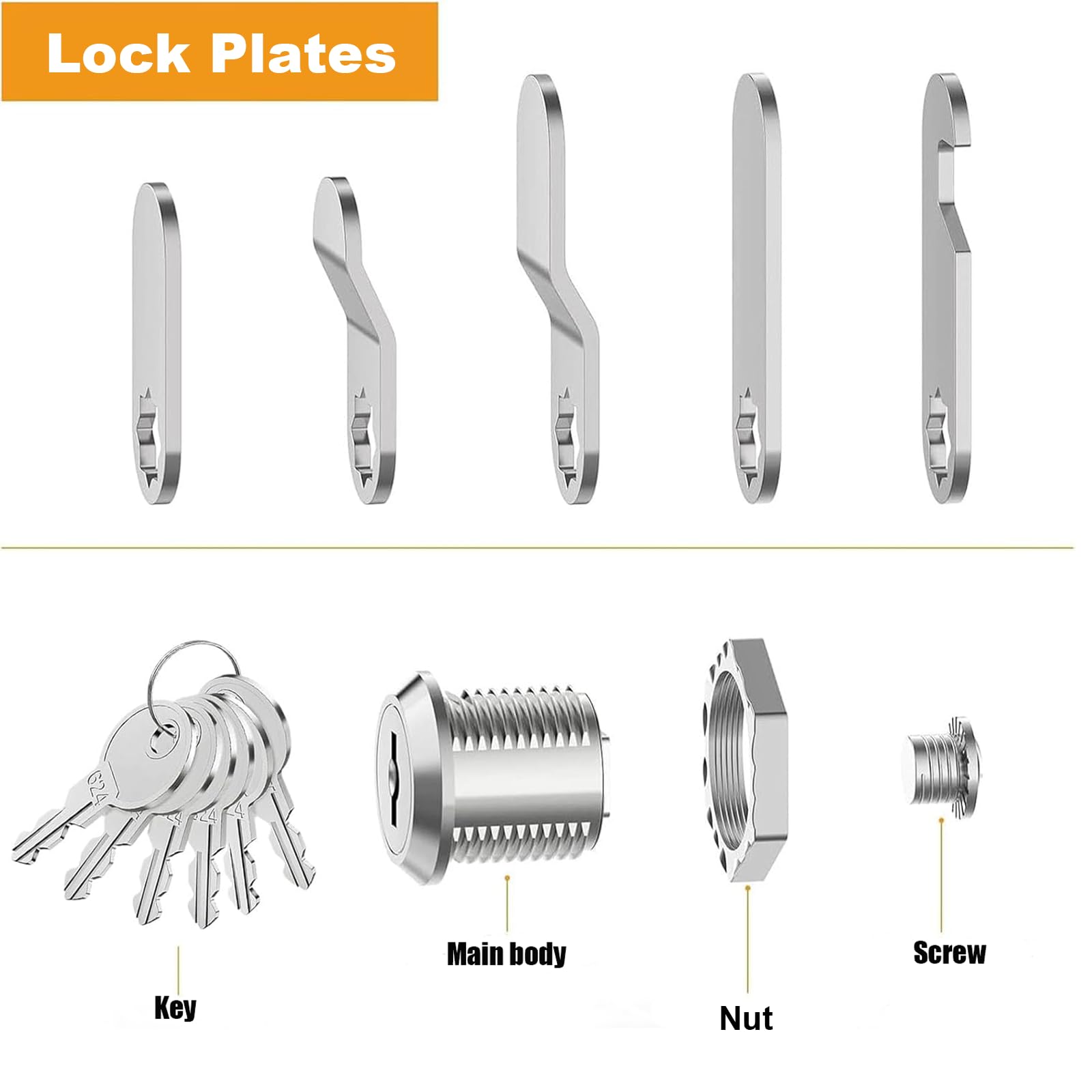 Cabinet Lock, Post Box Lock, Cam Locks, Comes with 6 Keys and 5 Different Locks Plates, Multi-Purpose for Cabinet Cupboard - Image 3